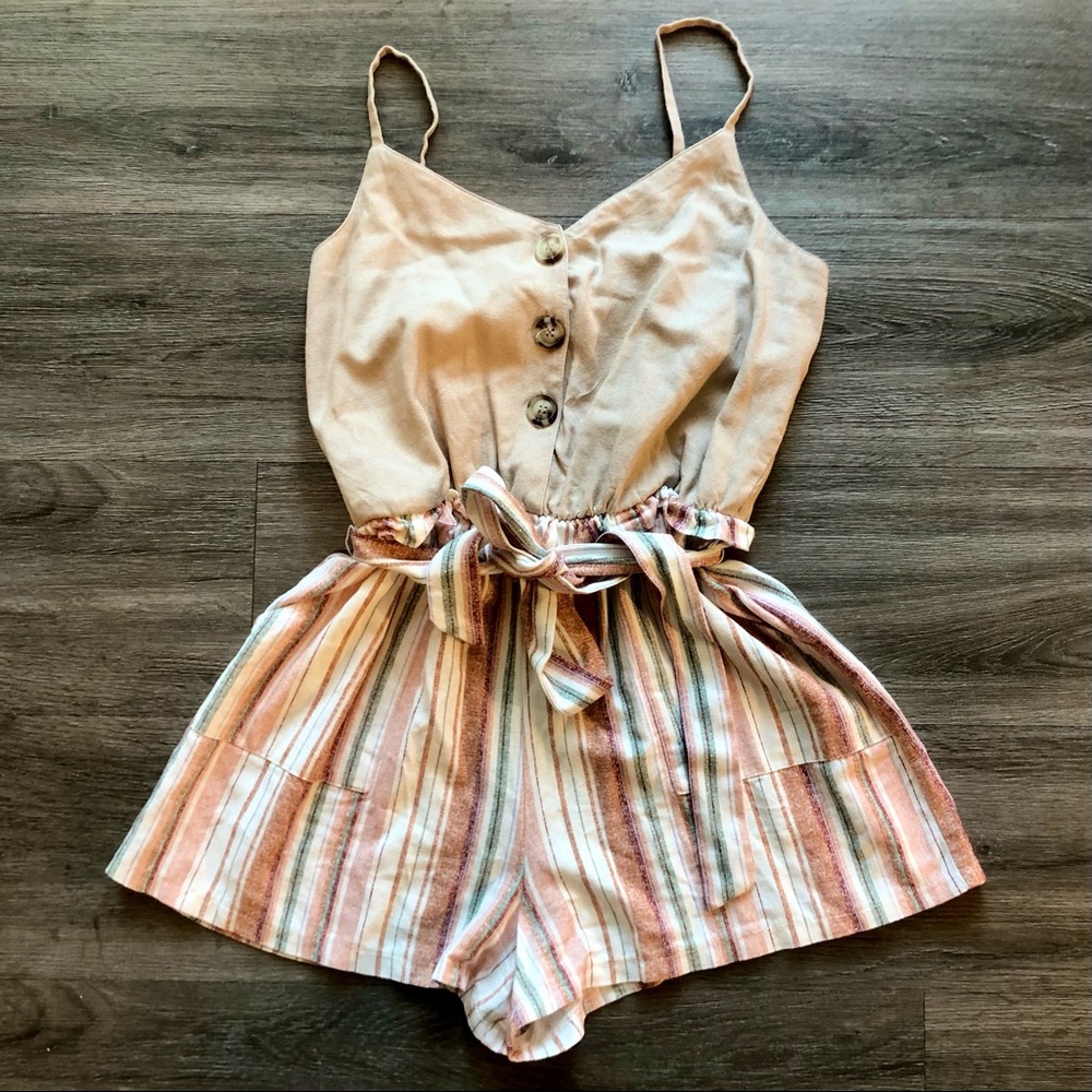 Beige Striped Tie Waist Romper